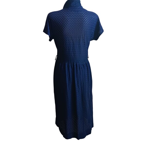 1OF1 Women's 8 Vintage Dress 1960's Eyelet Midi Tie Neck Slinky Stretch Nylon - Picture 4 of 9